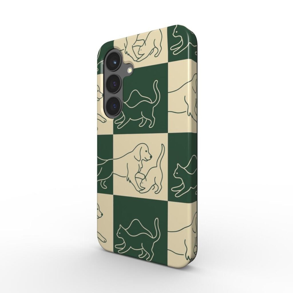 Tough Phone Case, Minimalist One-Line Golden Retriever and Cat Phone Case – Seamless Pattern, Forest Green & Cream Geometric Design