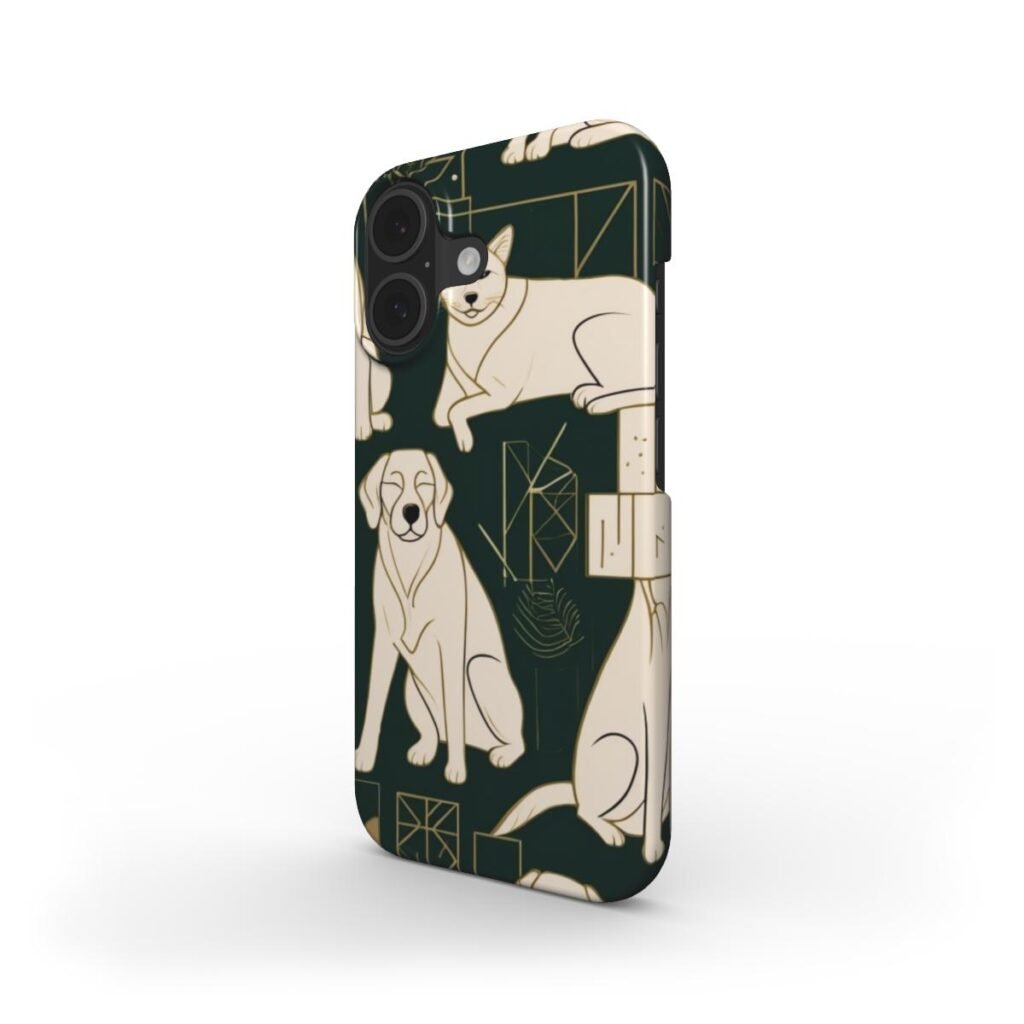 Snap Phone Case, Minimalist One Line Drawing Phone Case – Dog and Cat Design, Dark Green and Cream, Geometric Background, Pet Lover Gift