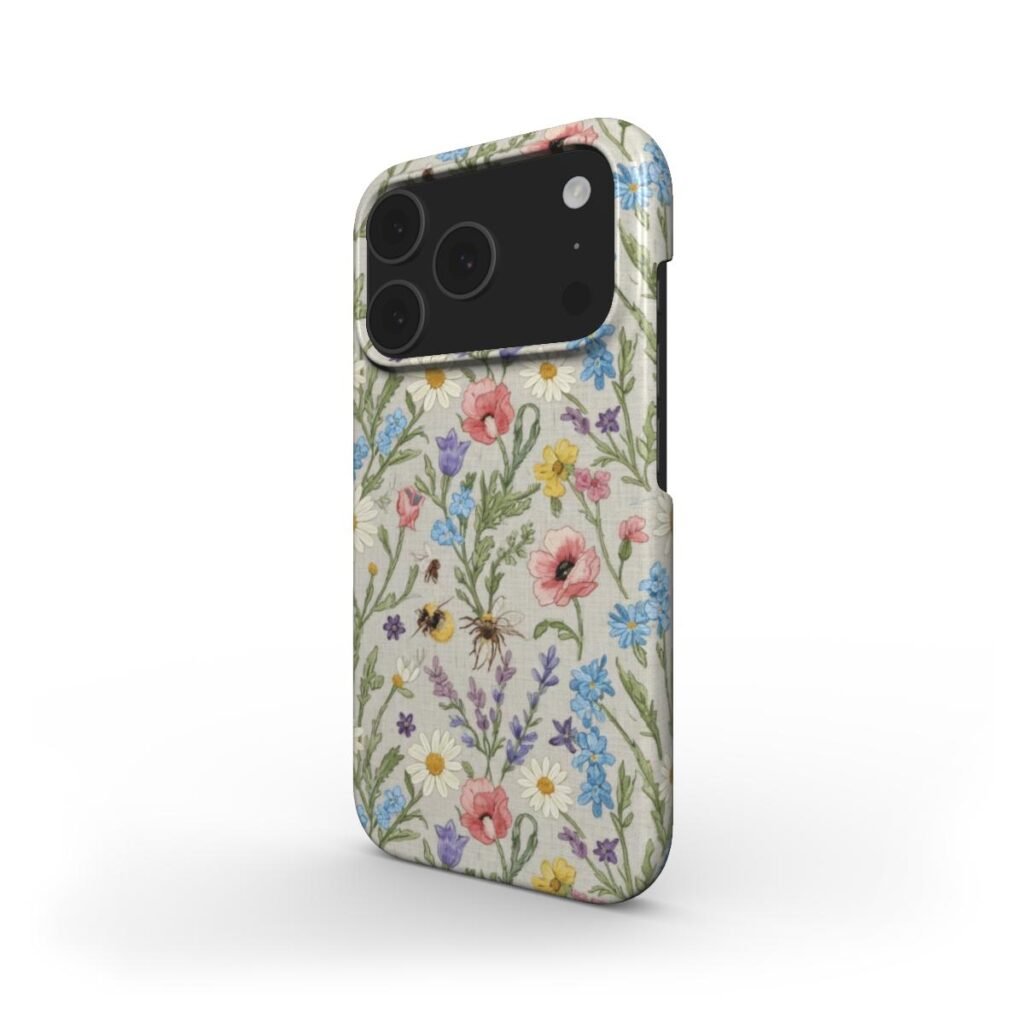 Cottagecore Embroidered Wildflower & Bee Phone Case – Delicate Floral Pattern, Snap On Case, Aesthetic Accessory